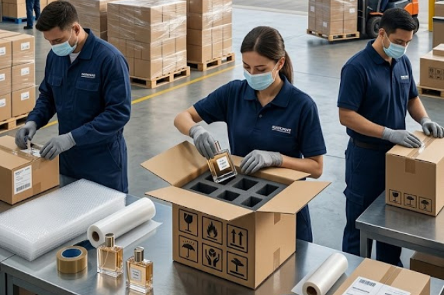 perfume shipping process with safe packaging and international delivery