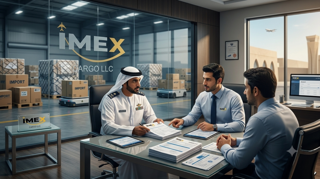 IMEX Cargo customs clearance consultation Dubai with officer reviewing import documents