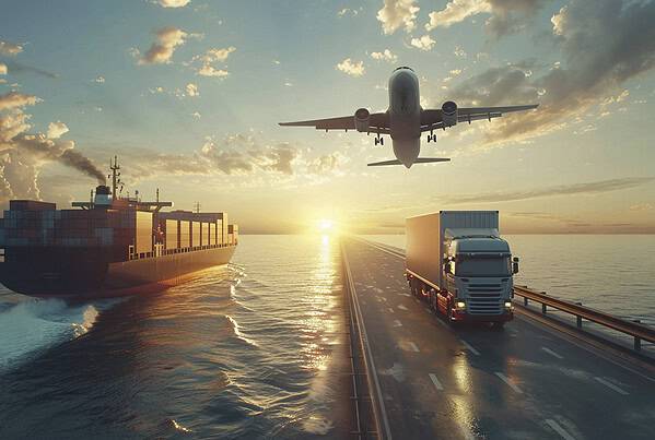 Cargo aircraft flying over a shipping port representing international freight transportation